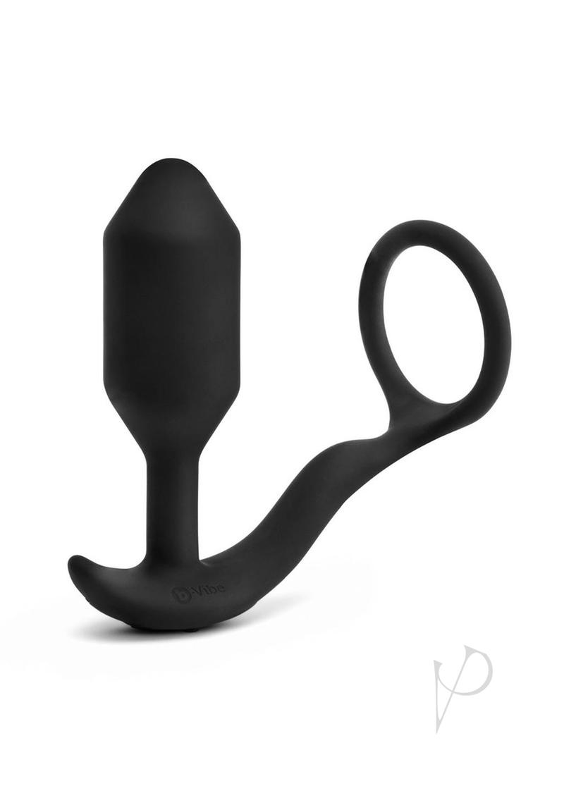 B-Vibe Vibrating Snug and Tug Rechargeable Silicone Cock Ring with Anal Plug - Medium - Black