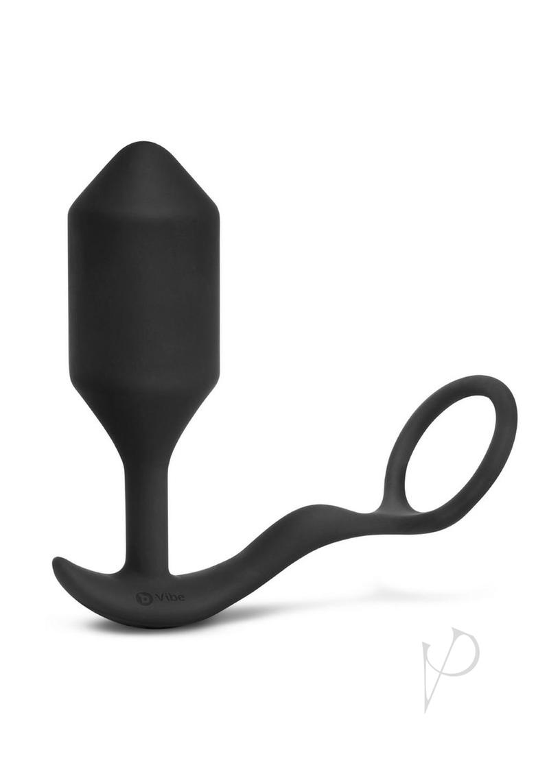 B-Vibe Vibrating Snug and Tug Rechargeable Silicone Cock Ring with Anal Plug - XLarge - Black