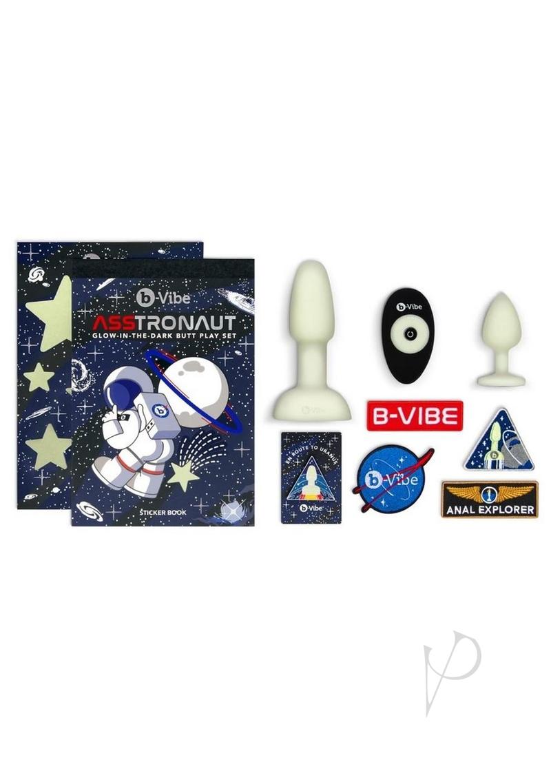 B-Vibe Asstronaut Glow in the Dark Rechargeable Silicone Anal Play Set with Remote Control - Frost
