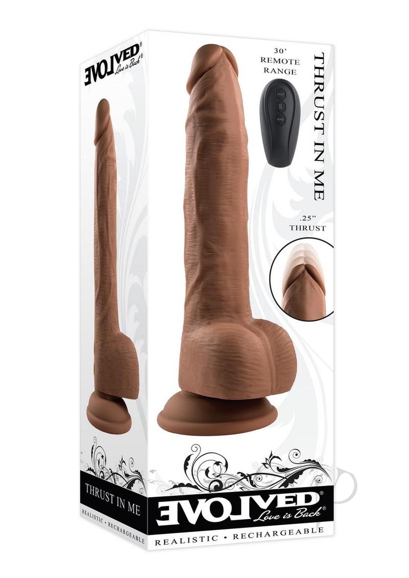Thrust In Me Rechargeable Silicone Thrusting Vibrating Realistic Dong with Remote Control - Chocolate