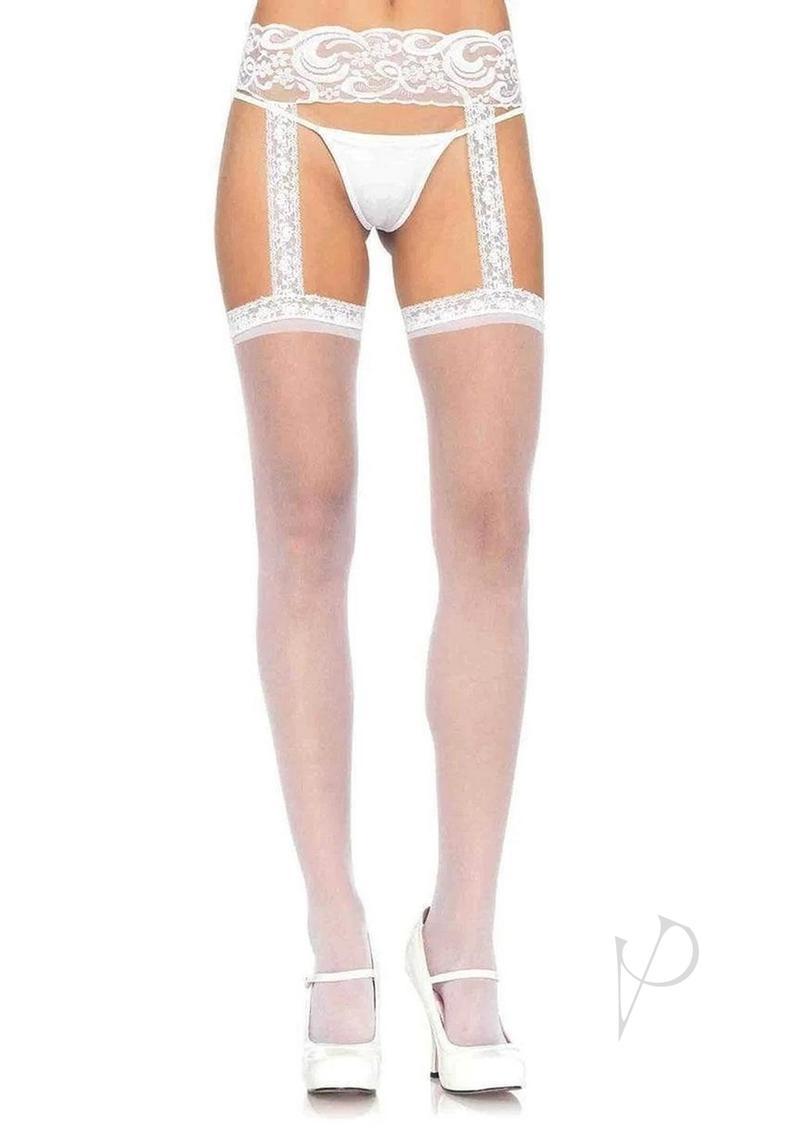 Leg Avenue Sheer Thi-Hi with Lace Garter Belt - O/S - White