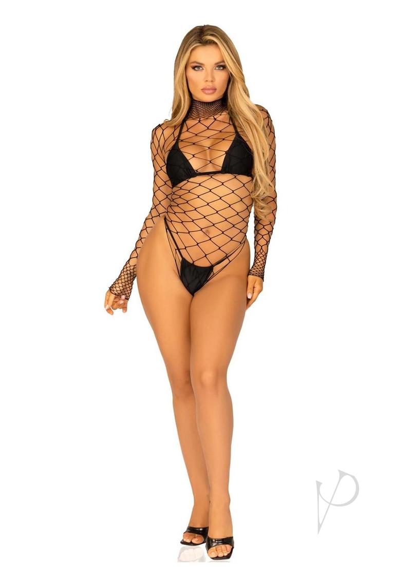 Leg Avenue High Neck Fence Net Long Sleeved Bodysuit with Snap Crotch Thong Panty - OS - Black