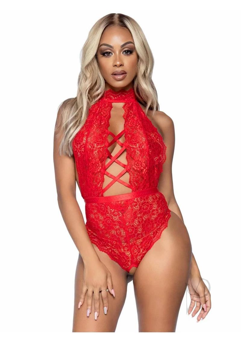 Leg Avenue High Neck Floral Lace Backless Teddy with Lace Up Accents and Crotchless Thong Panty - Large - Red