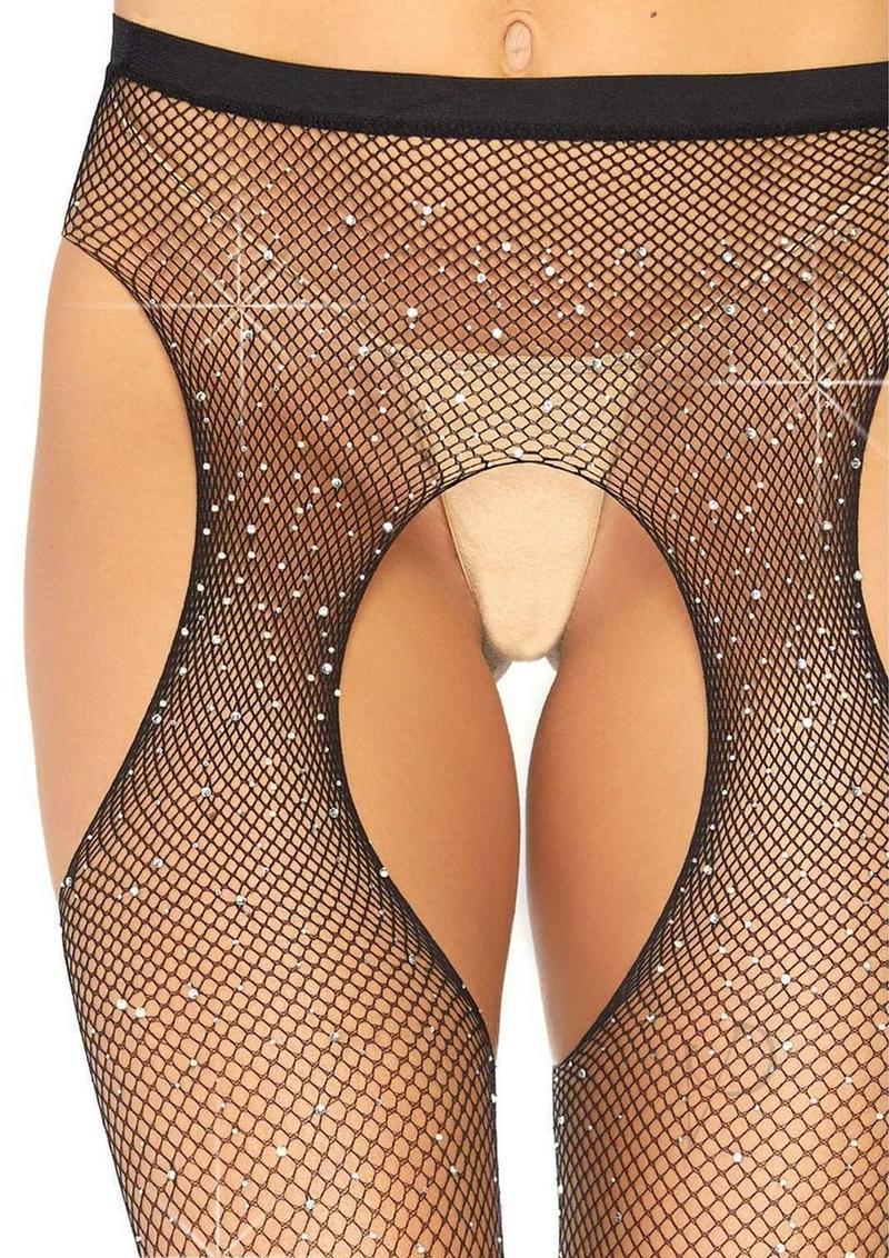 Leg Avenue Crystalized Fishnet Suspender Pantyhose - OS - Black