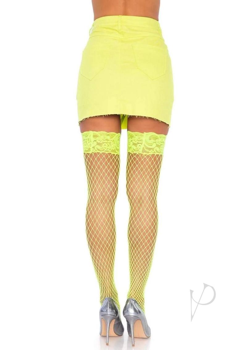 Leg Avenue Spandex Industrial Net Thigh Highs with Stay Up Silicone Lace Top - OS - Neon Yellow