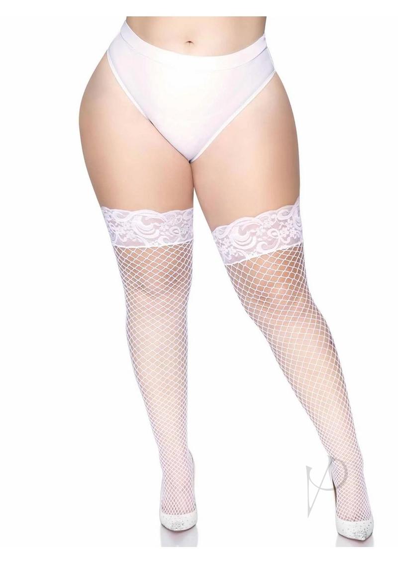Leg Avenue Spandex Industrial Net Thigh Highs with Stay Up Silicone Lace Top - 1X/2X - White