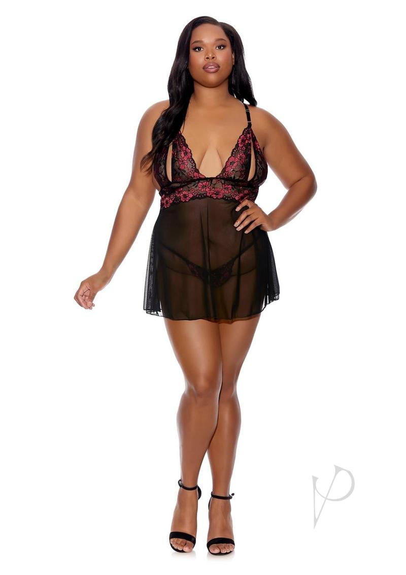 Barely Bare Split Cup Babydoll and G-String Panty - Plus Size - Black