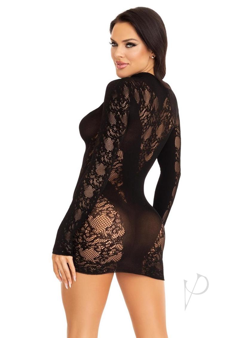 Leg Avenue Lace Keyhole Mini Dress with Opaque Panel Detailing and Gloved sleeves - OS - Black