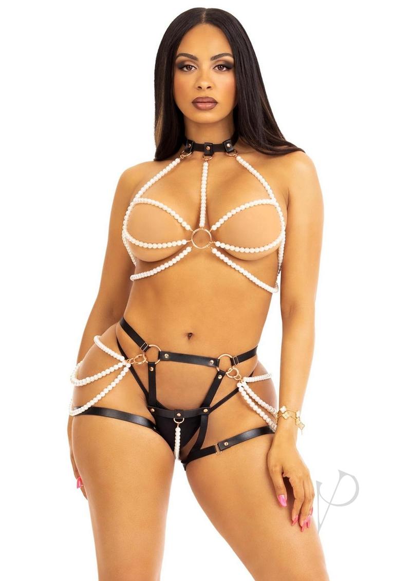 Leg Avenue Faux Pearl Multi Strand Halter Harness with O-Ring Detail and Convertible Vegan Leather Butt Harness (2 Piece) - Medium - Black/White