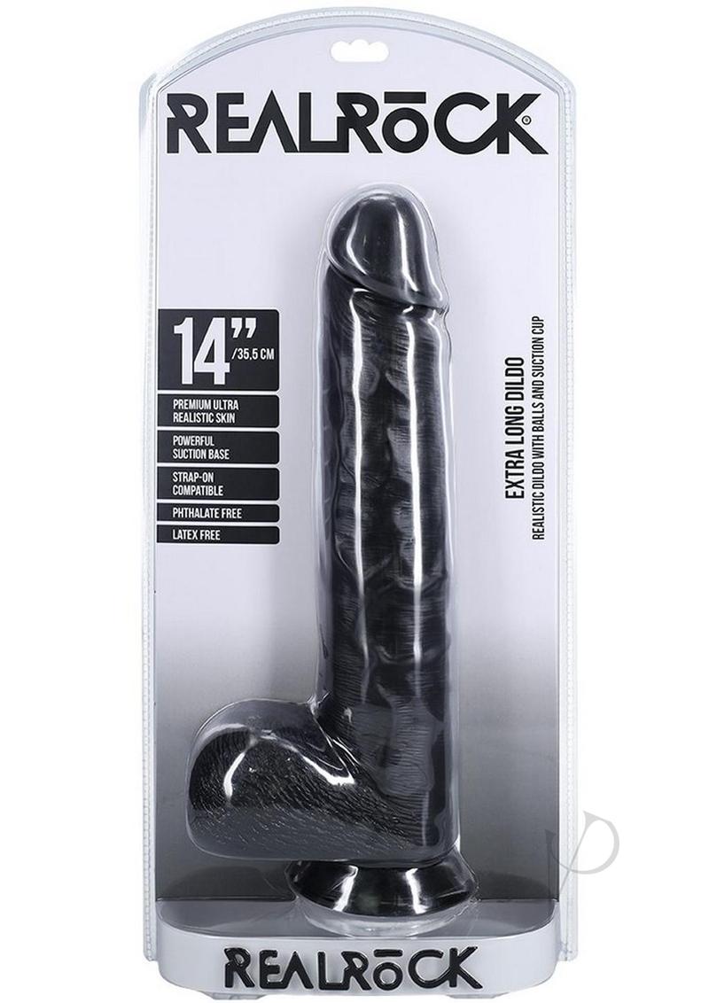 RealRock Ultra Realistic Skin Extra Large Straight Dildo with Balls and Suction Cup 14in - Black