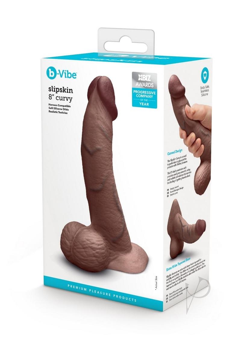 B-Vibe Slipskin Realistic Silicone Curved Dildo 8in - Chocolate