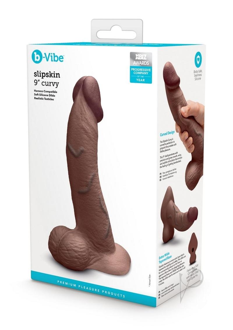 B-Vibe Slipskin Realistic Silicone Curved Dildo 9in - Chocolate