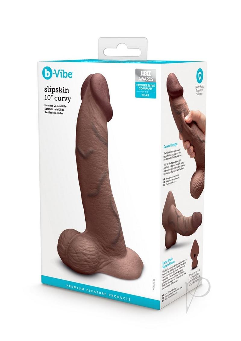 B-Vibe Slipskin Realistic Silicone Curved Dildo 10in - Chocolate