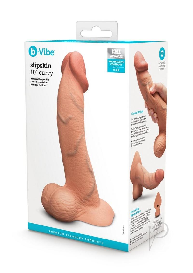 B-Vibe Slipskin Realistic Silicone Curved Dildo 10in - Caramel