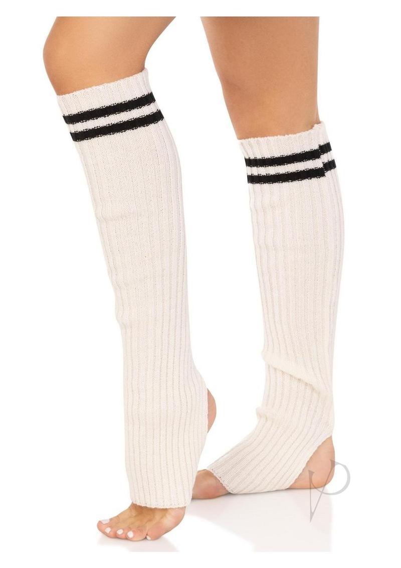 Leg Avenue Ribbed Stirrup Leg Warmers with Athletic Stripe - OS - White