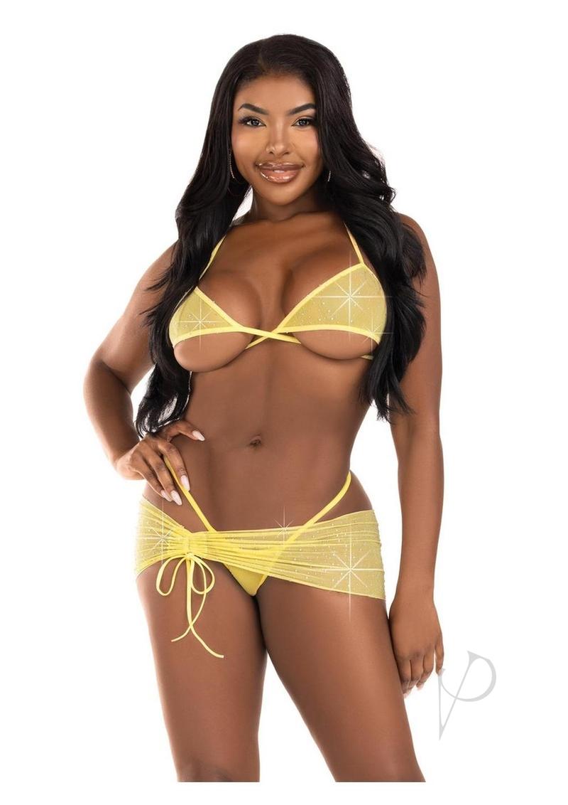 Leg Avenue Rhinestone Mesh Wrap Around Bra Top, G-String Panty, and Ruched Tie Sarong (3 Piece) - Small/Medium - Baby Yellow