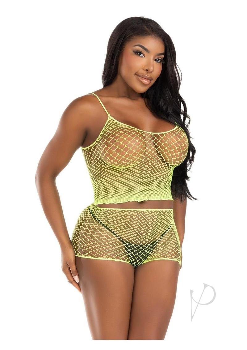 Leg Avenue Twist Net Tank Top and Boy Shorts (2 Piece) - OS - Lime