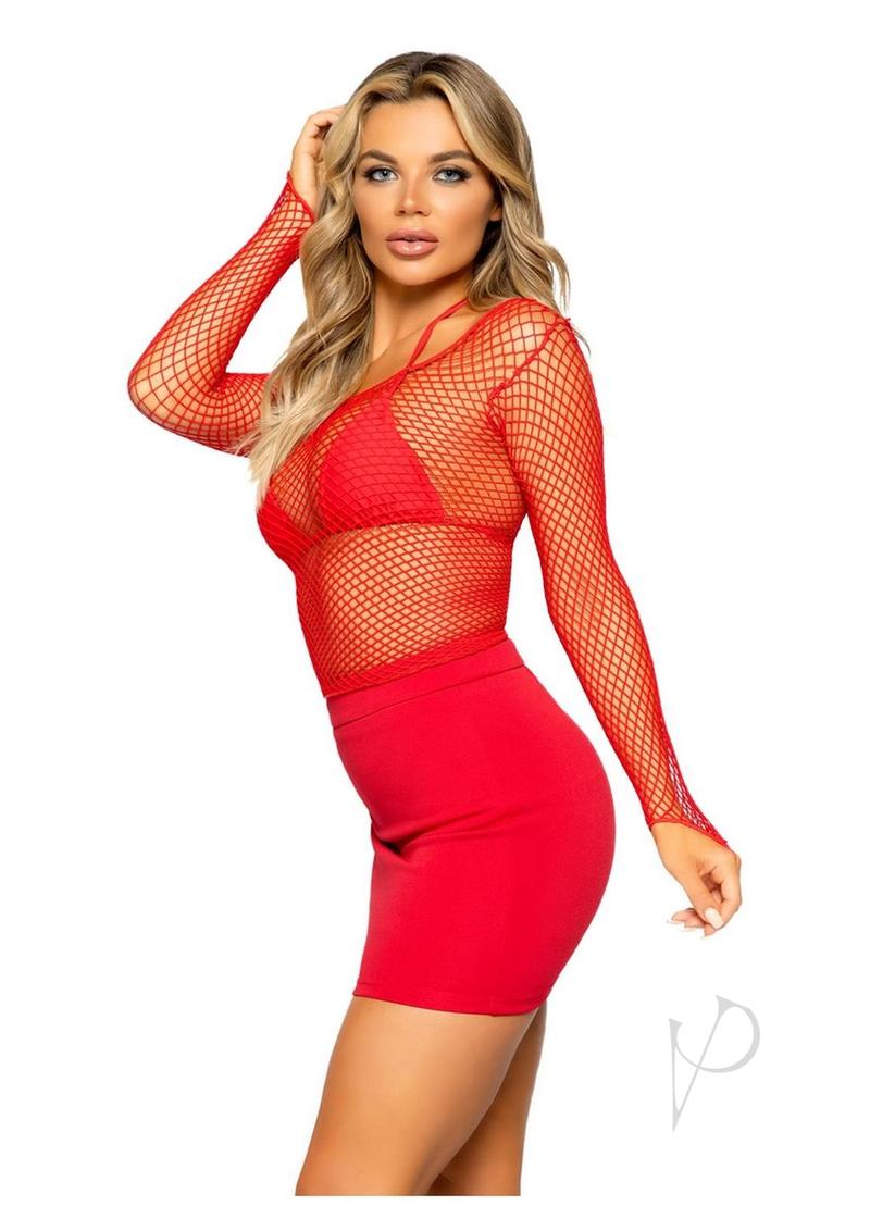 Leg Avenue Lycra Industrial Fishnet Long Sleeve T-Shirt - OS - Red