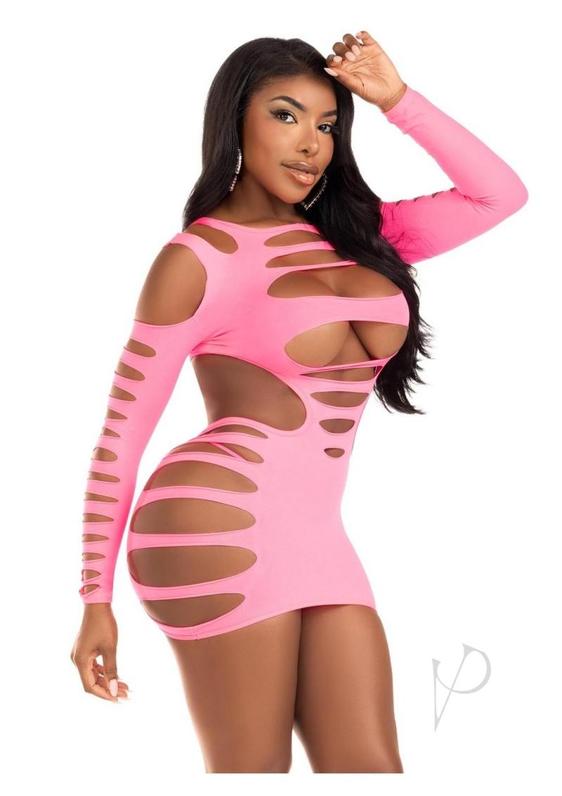 Leg Avenue Opaque Shredded Cut-Out Mini Dress - OS - Neon Pink
