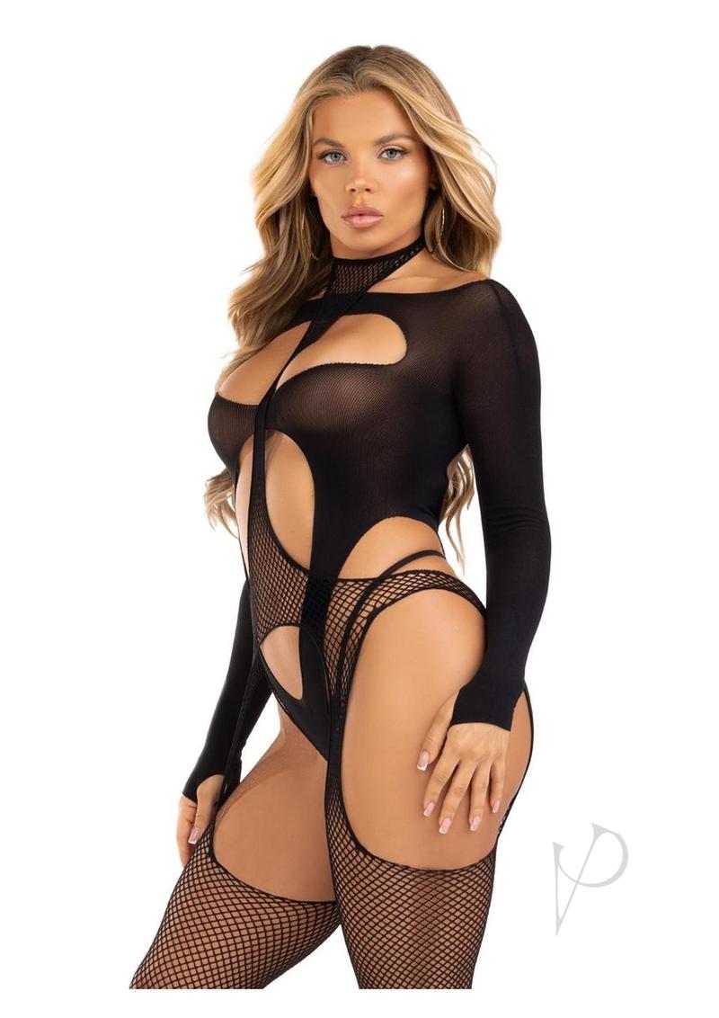 Leg Avenue Fishnet Halter Suspender Bodystocking and Layered Opaque Cut-Out Teddy (2 Piece) - OS - Black