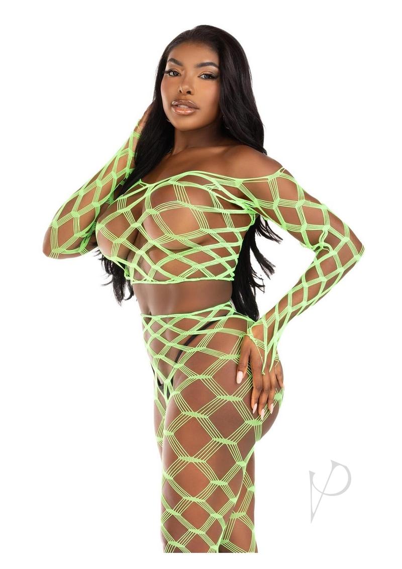 Leg Avenue Hardcore Net Crop Top and Footless Tights (2 Piece) - OS - Neon Green