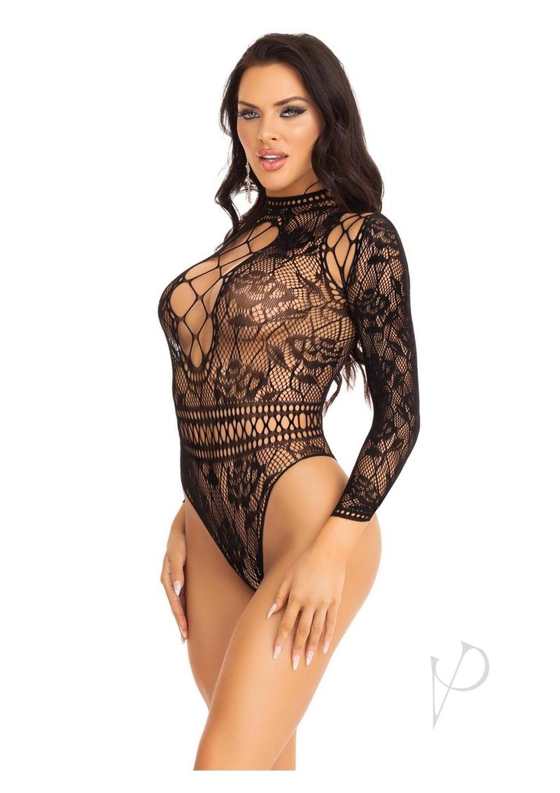 Leg Avenue High Neck Lace and Net Keyhole Back Bodysuit - OS - Black