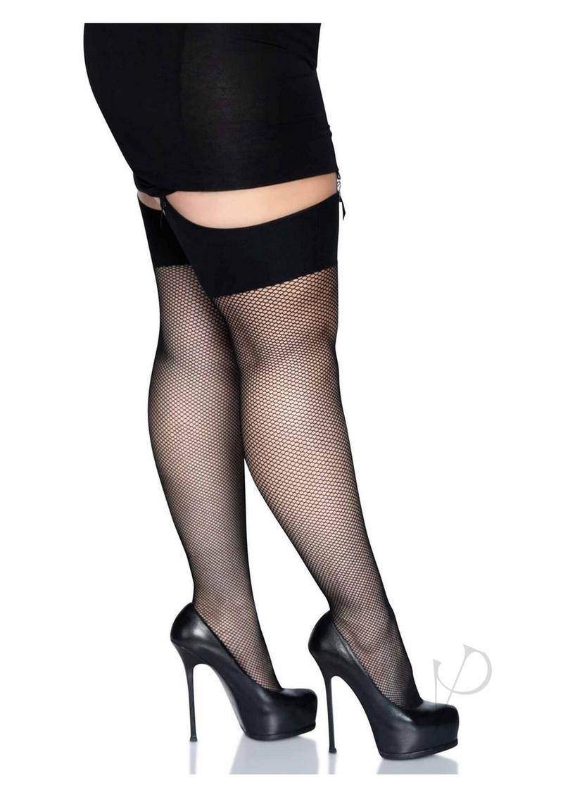 Leg Avenue Spandex Fishnet Stockings with Comfort Wide Band Top - 1X/2X - Black