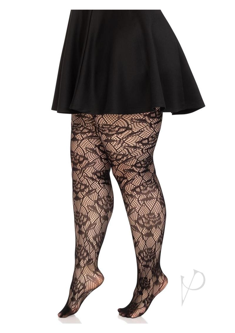 Leg Avenue Wild Rose Net Tights - 1X-2X - Black
