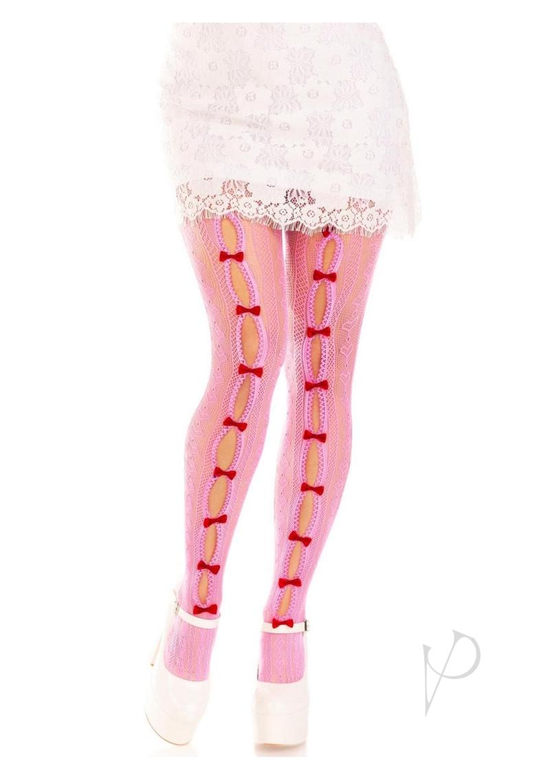 Leg Avenue Sweetheart Striped Net Tights with Keyhole and Mini Bow Detail - O/S - Pink