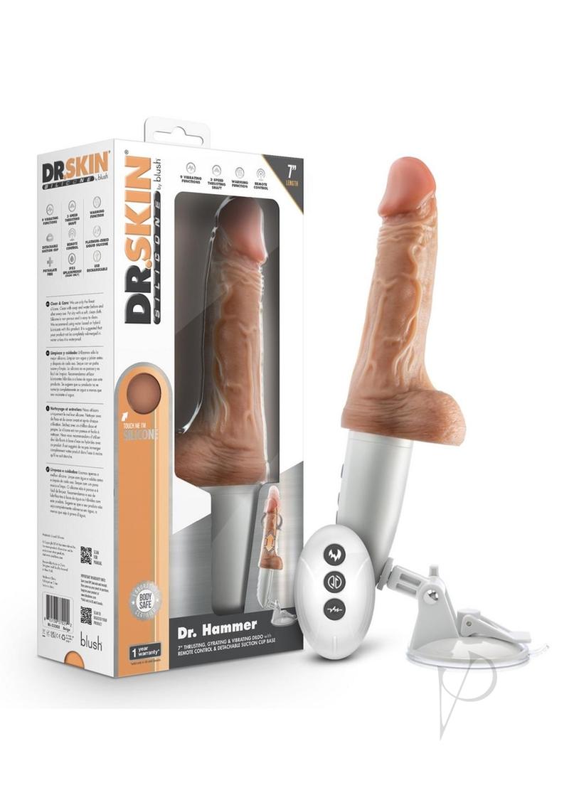 Dr. Skin Platinum Collection Silicone Dr. Hammer Rechargeable Thrusting Dildo with Handle and Remote Control 7in - Vanilla