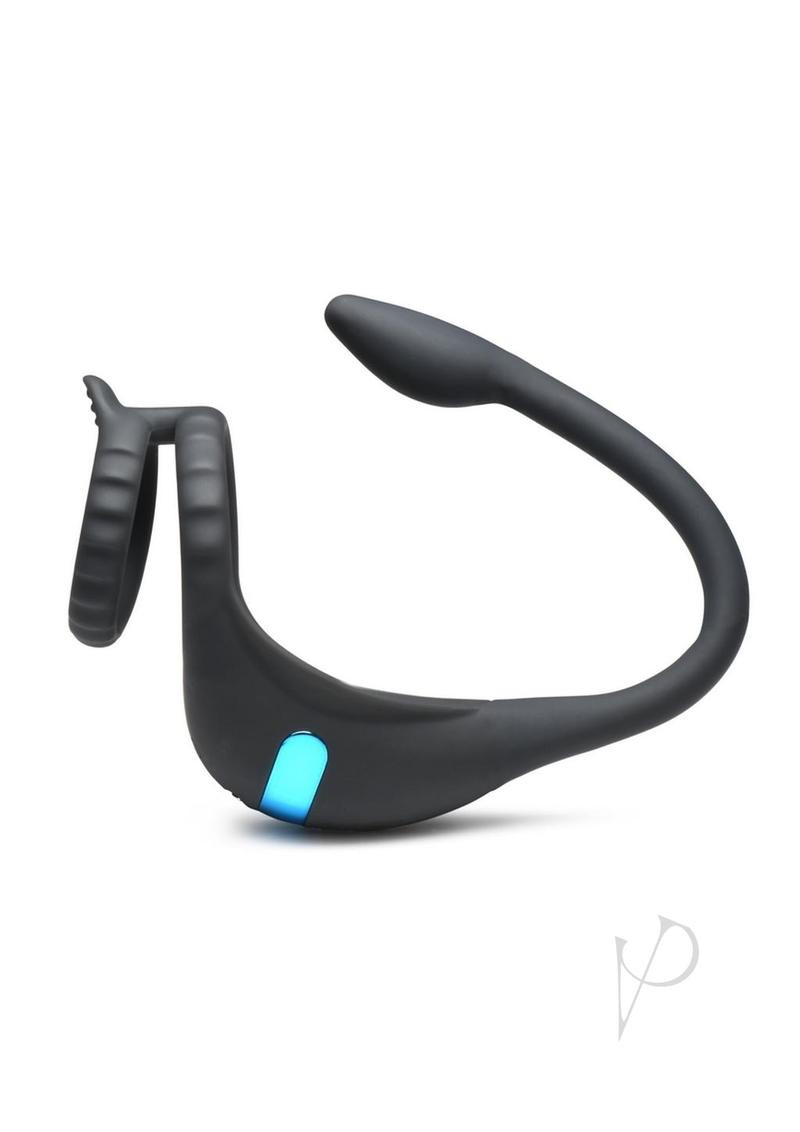 Trinity Men Vibrating Rechargeable Silicone Cock Ring with Anal Stimulator - Black