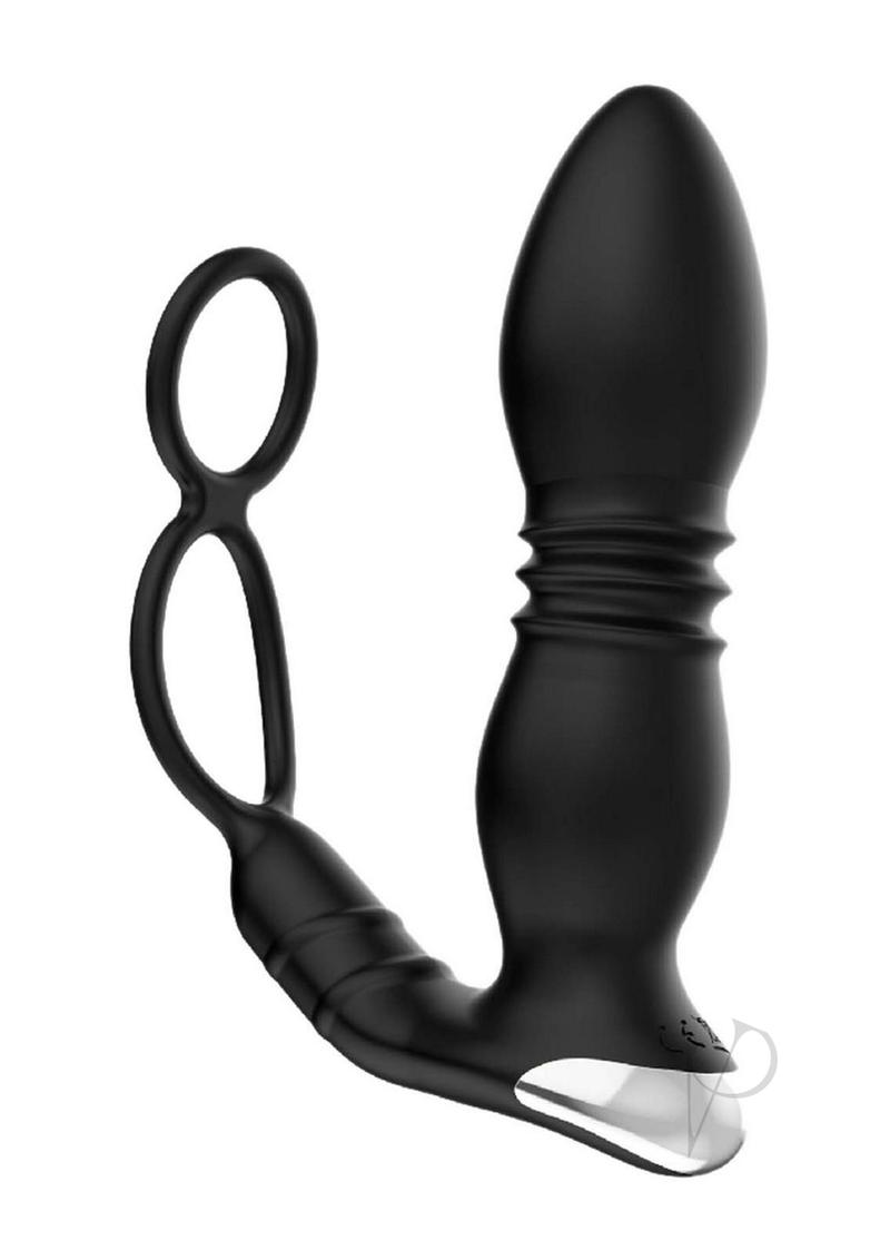 Ass-Sation Thrusting Rechargeable Silicone Power Plug with Cock Ring - Black
