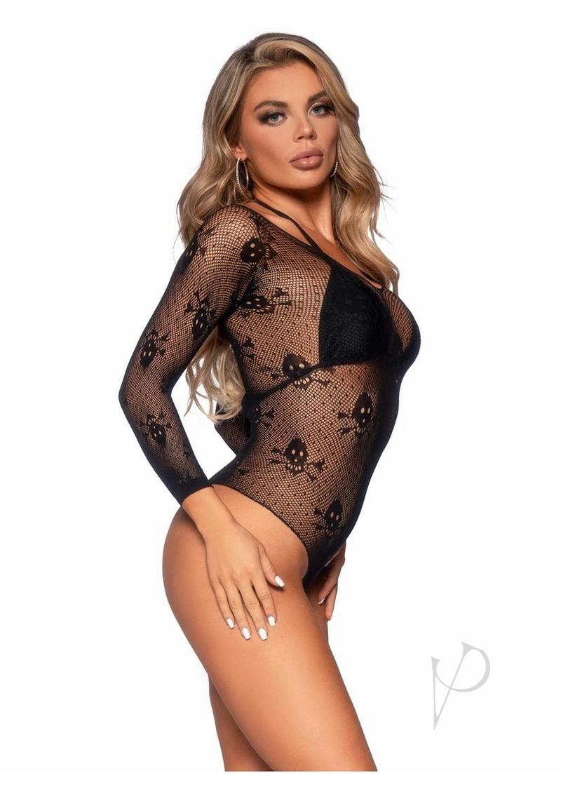 Leg Avenue Micro Net Snap Crotch Skull Bodysuit - OS - Black