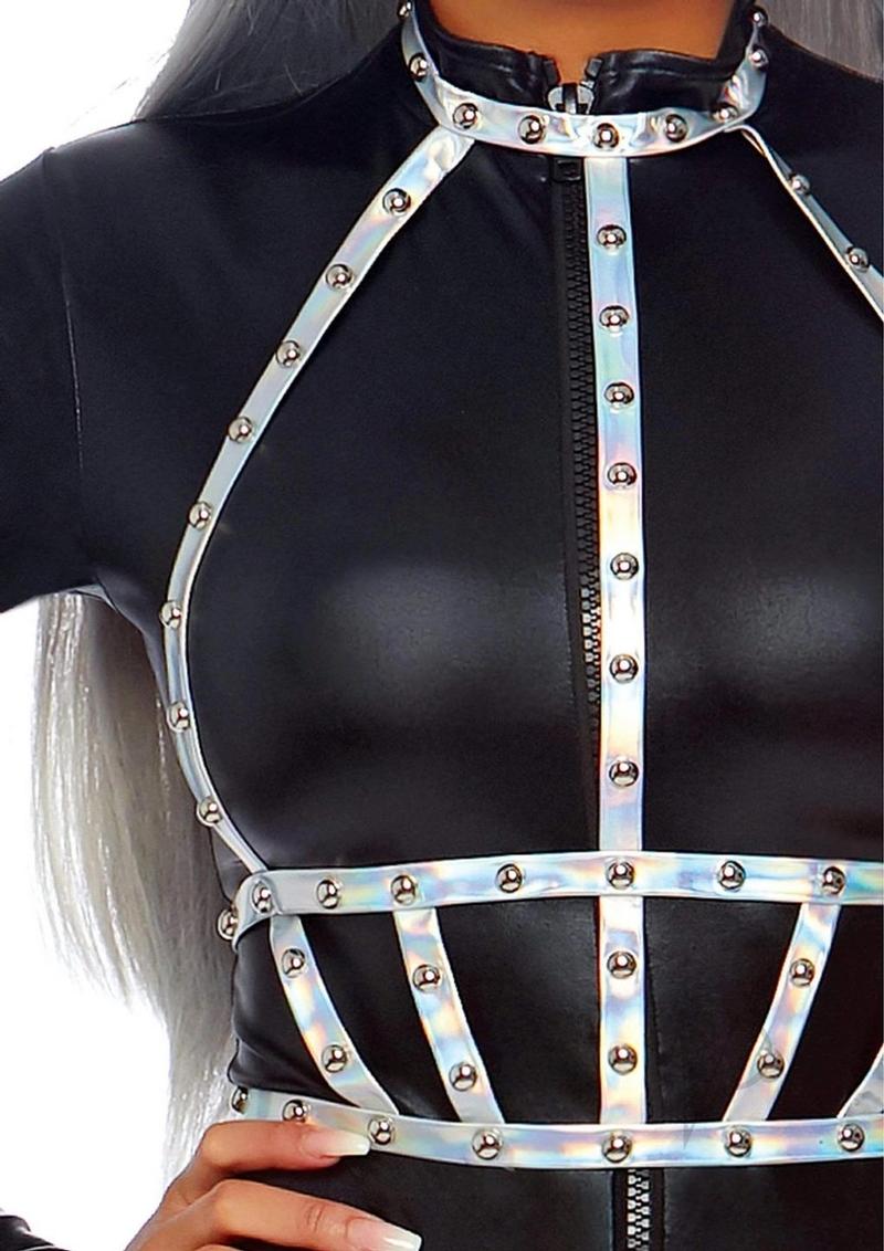 Leg Avenue Iridescent Studded Vinyl Body Harness - OS - Silver