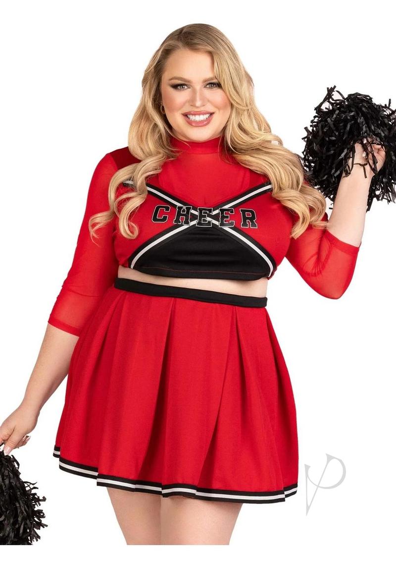 Leg Avenue Varsity Babe Set Crop Top with Cheer Logo, Pleated Skirt, and Pom Poms (3 Piece) - 1X/2X - Red