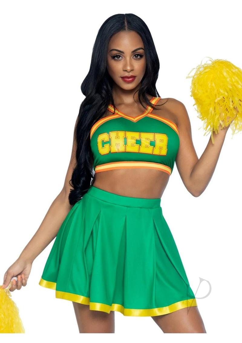 Leg Avenue Bring It Baddie Set Top with Cheer Logo, Pleated Skirt and Pom Pom (3 Piece) - M/L - Green