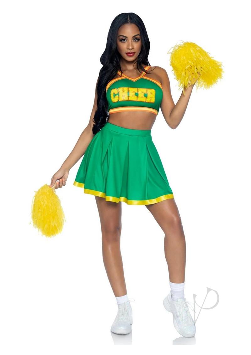 Leg Avenue Bring It Baddie Set Top with Cheer Logo, Pleated Skirt and Pom Pom (3 Piece) - M/L - Green