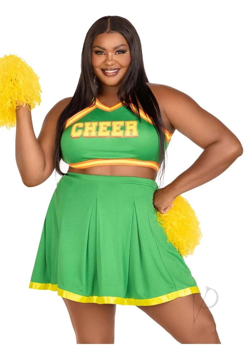 Leg Avenue Bring It Baddie Set Top with Cheer Logo, Pleated Skirt and Pom Pom (3 Piece) - 3X/4X - Green