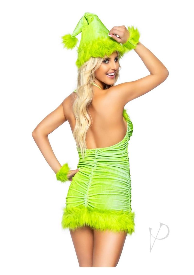 Leg Avenue Christmas Baddie Set Ruched Velvet Dress with Tie Back Halter Straps and Fur Trim, Wrist Cuffs, and Hat (3 Piece) - Medium - Green