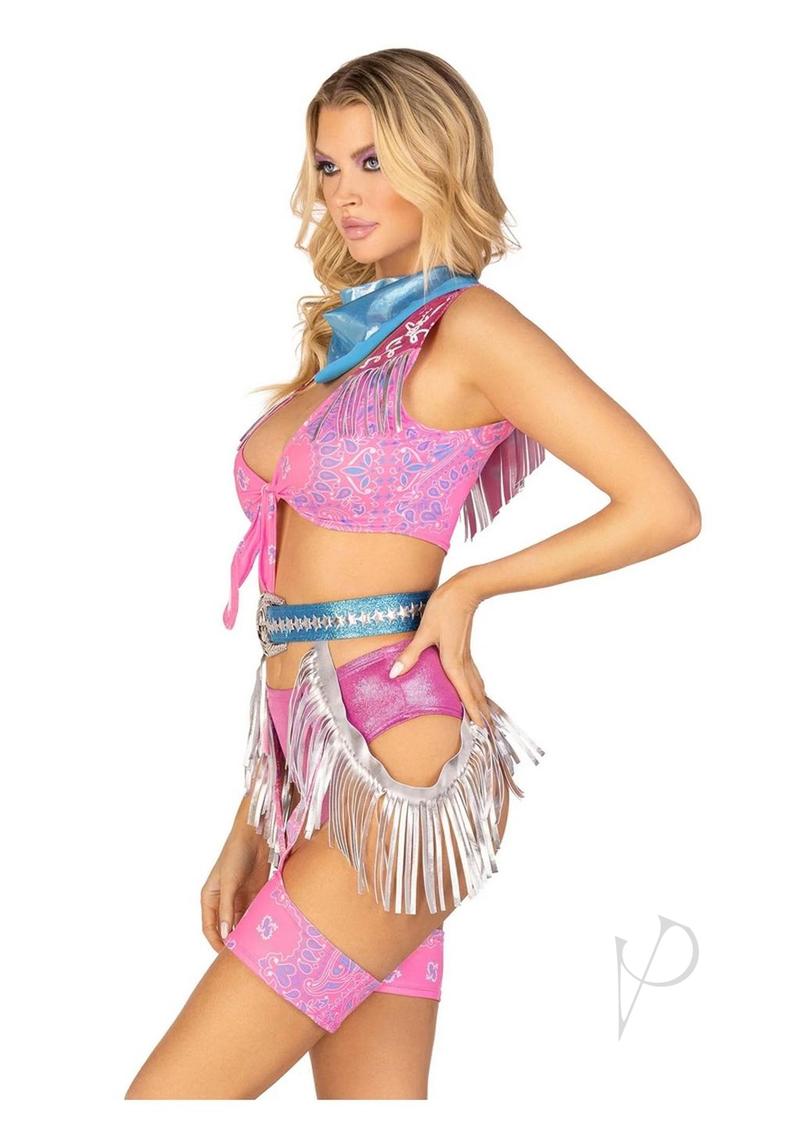 Leg Avenue Space Cowgirl Set Bandana Print Tie Front Crop Top with Fringe Trim, High Waist Bottoms with Attached Chaps, Belt with Fringe Detail, and Neck Bandana (4 Piece) - XSmall - Multicolor