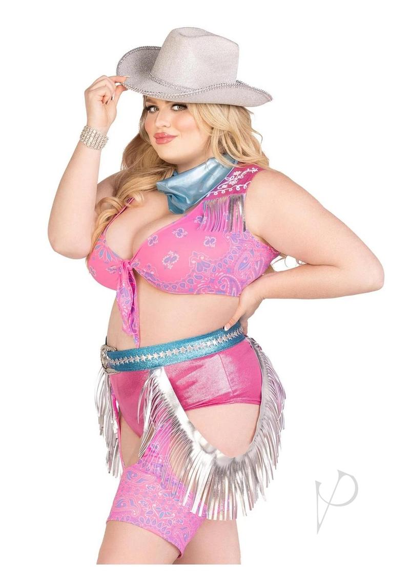 Leg Avenue Space Cowgirl Set Bandana Print Tie Front Crop Top with Fringe Trim, High Waist Bottoms with Attached Chaps, Belt with Fringe Detail, and Neck Bandana (4 Piece) - 3X/4X - Multicolor