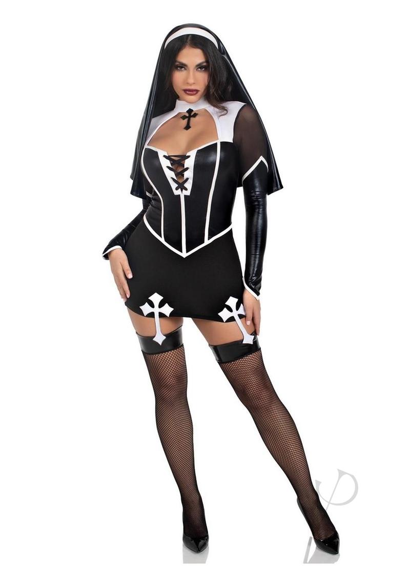 Leg Avenue Holy Hottie Set Boned Garter Dress with Cross Accents and Nun Habit (2 Piece) - Large - Black/White