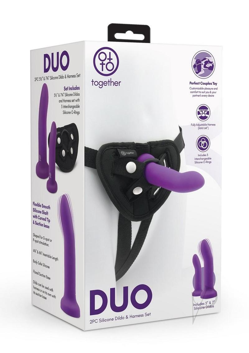 Together Toys DUO Silicone 5.5in, 7.75in Dildos and Harness Set - Purple/Black