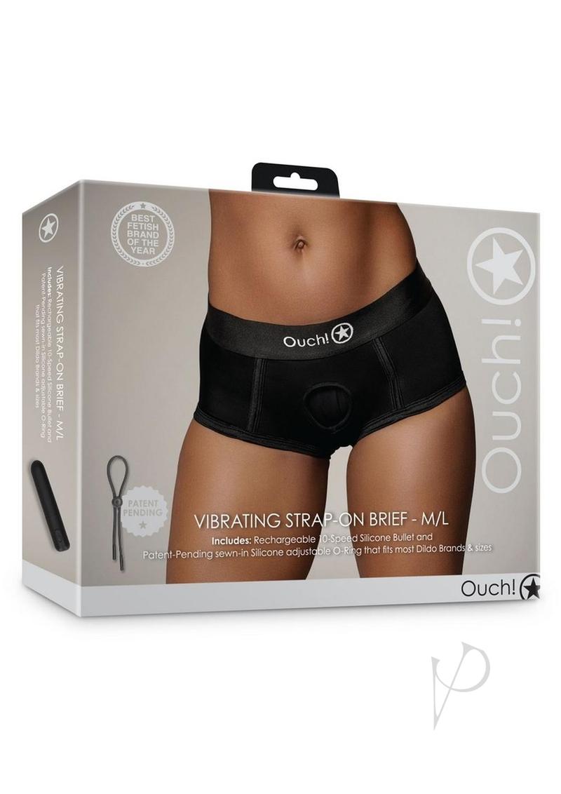 Ouch! Vibrating Strap-On Brief with Rechargeable Bullet - M/L - Black