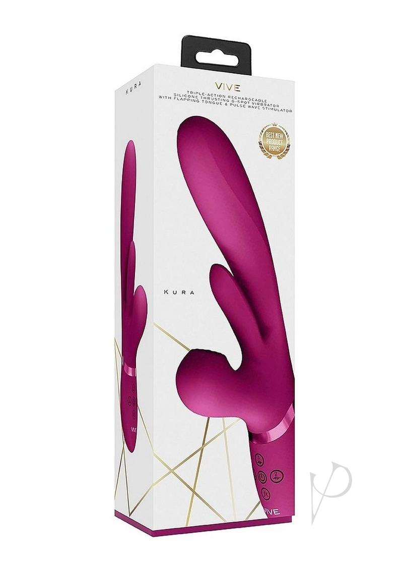 Vive KURA Rechargeable Silicone Triple Motor Thrusting G-Spot with Flapper and Air Wave Clit Stimulation Vibrator - Pink