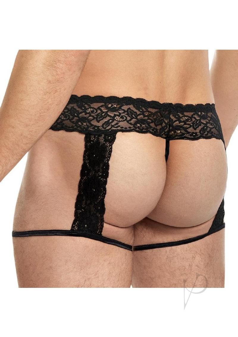 Lace King Men`s Lace and Mesh Garter Panty - Medium/Large - Black