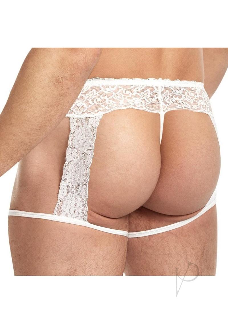Lace King Men`s Lace and Mesh Garter Panty - S/M - White