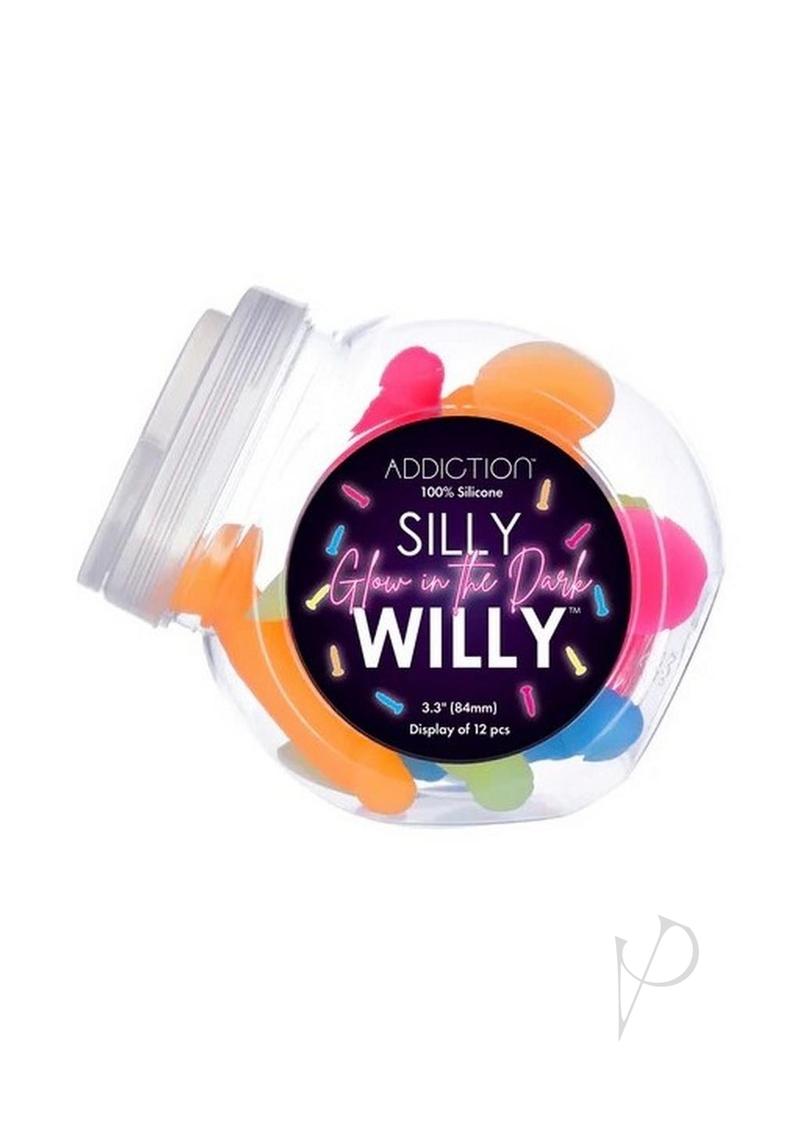 Addiction Silly Willy Glow In The Dark Silicone Dildo (12pc Display) - Assorted Colors