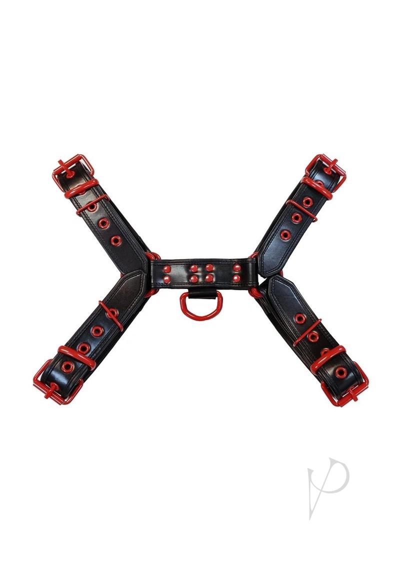 Rouge Leather Over The Head Harness Black with Red Accessories - XXLarge