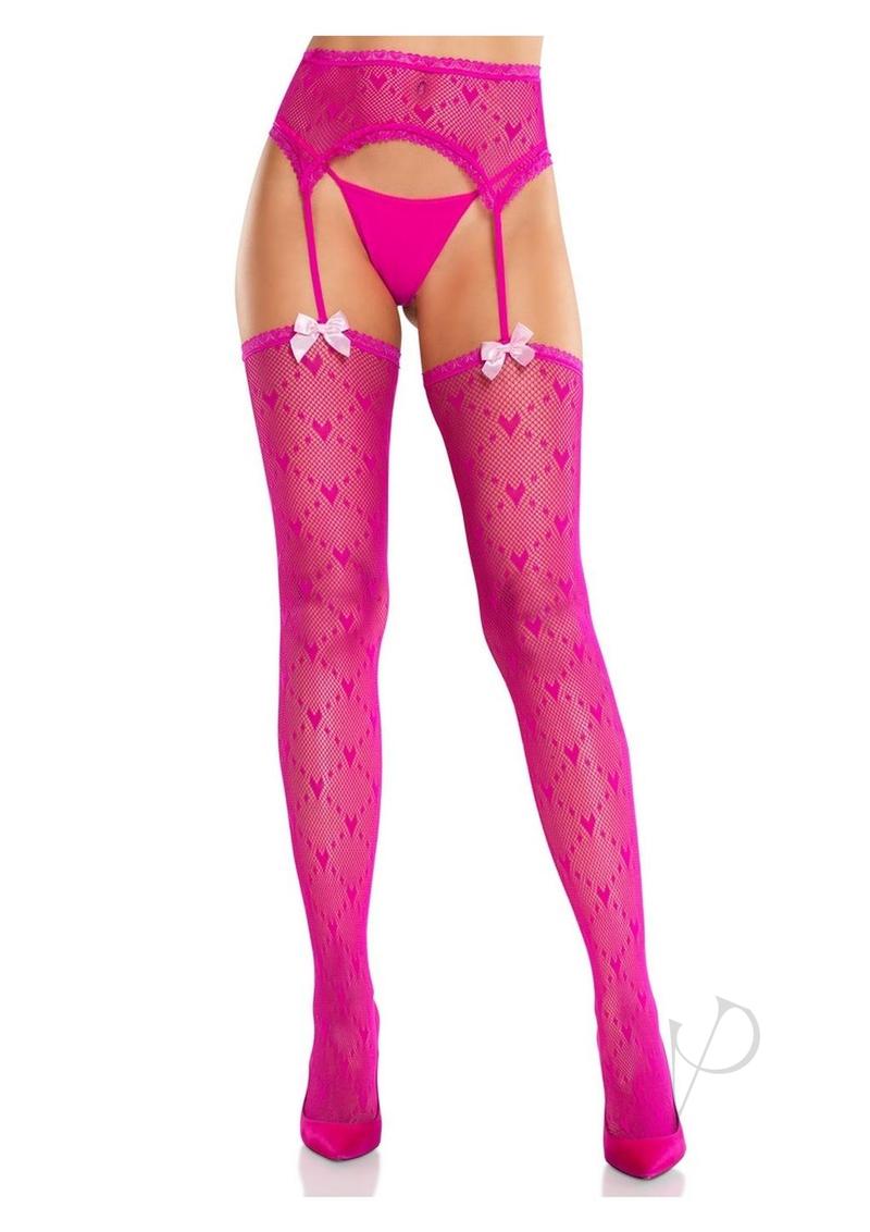 Leg Avenue Heart Lace Trimmed Heart Net Stockings with Attached Garter Belt - OS - Magenta